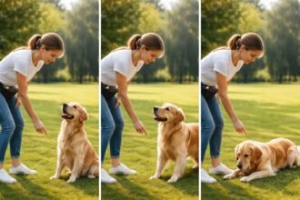 Egy nő kutyát tanít feküdni a szabadban, türelemmel és jutalmazással.