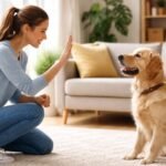 Nő tanítja kutyáját a várj és maradj vezényszavakra otthon