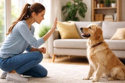 Nő tanítja kutyáját a várj és maradj vezényszavakra otthon