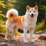 Hokkaido inu séta közben szép zöld környezetben.