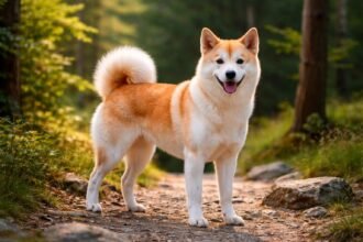 Hokkaido inu séta közben szép zöld környezetben.