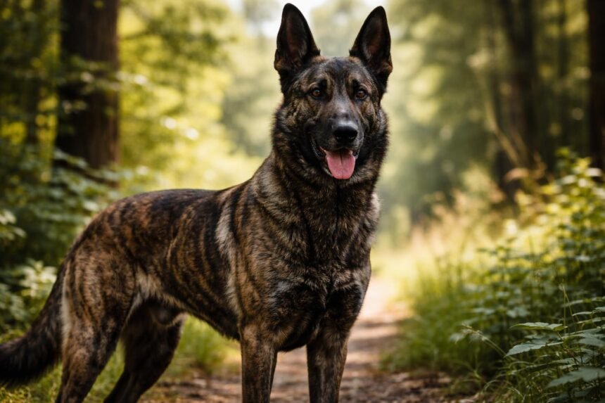 Holland juhászkutya az erdőben, barátságos pózban