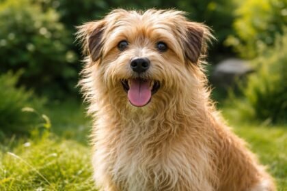 Holland smoushond kutya boldogan a zöld fűben.