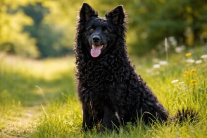 Horvát juhászkutya a természetben, vidám és játékos.