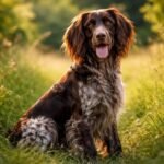 Hosszúszőrű német vizsla a természetben, elegáns megjelenés mellett.