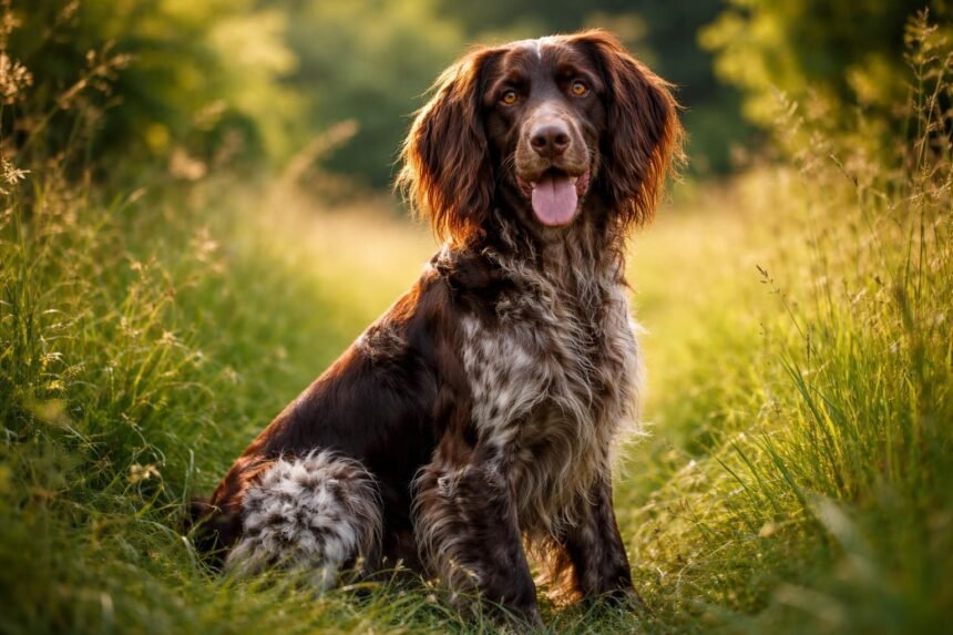 Hosszúszőrű német vizsla a természetben, elegáns megjelenés mellett.