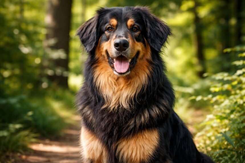 Hovawart kutya a természetben, boldog és barátságos arccal.