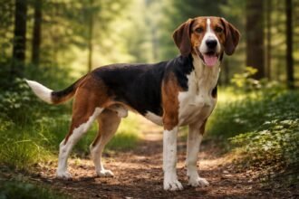 Hygen kopó kutya az erdőben, boldogan állva az ösvényen.