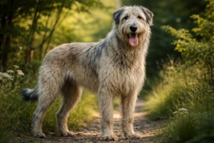 Ír farkaskutya természetes környezetben állva, boldogan mosolyogva.