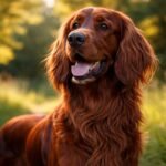 Egy ír szetter boldogan a zöld fűben, háttérben naplemente fényei.