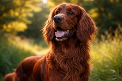 Egy ír szetter boldogan a zöld fűben, háttérben naplemente fényei.