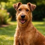 Egy boldog ír terrier a zöld füvön, barátságos arccal.