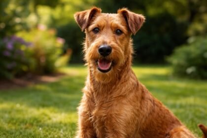 Egy boldog ír terrier a zöld füvön, barátságos arccal.