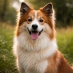 Vidám izlandi juhászkutya zöld háttérben, családbarát kutyafajta