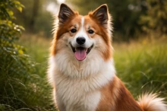 Vidám izlandi juhászkutya zöld háttérben, családbarát kutyafajta