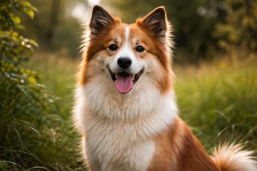 Vidám izlandi juhászkutya zöld háttérben, családbarát kutyafajta