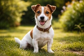 Jack Russell terrier kiskutya a fűben, vidáman mosolyogva.