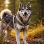 Jämthund kutya erdőben, boldogan pózolva