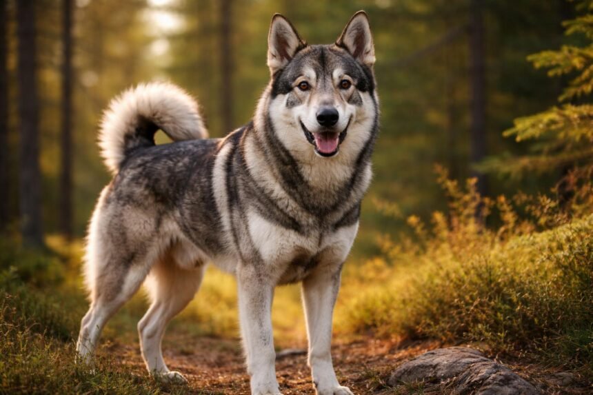 Jämthund kutya erdőben, boldogan pózolva