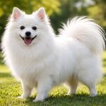 Japán spicc mosolygó kutya zöld fűben.