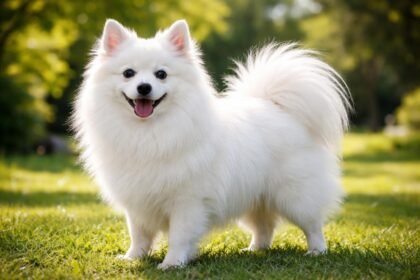 Japán spicc mosolygó kutya zöld fűben.