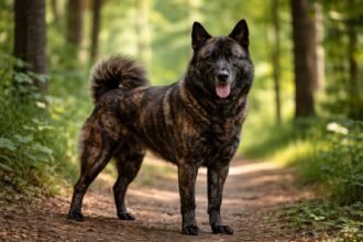 Kai ken kutya egy erdei ösvényen állva.