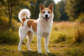 Kánaán kutya a természetben, vidáman állva a fűben.