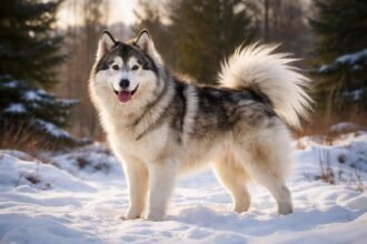 Kanadai eszkimó kutya hóban, boldog arckifejezéssel.