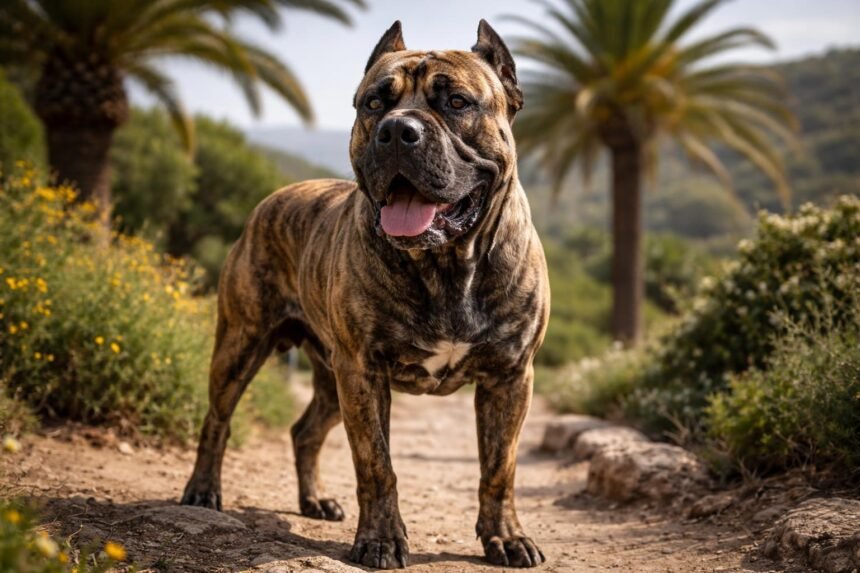 Kanári-szigeteki kutya (Dogo Canario) egy sziklaösvényen állva.