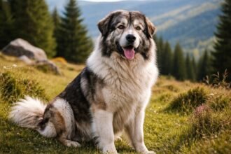 Kárpáti pásztorkutya a természetben, vidám és barátságos megjelenéssel.