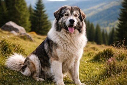 Kárpáti pásztorkutya a természetben, vidám és barátságos megjelenéssel.