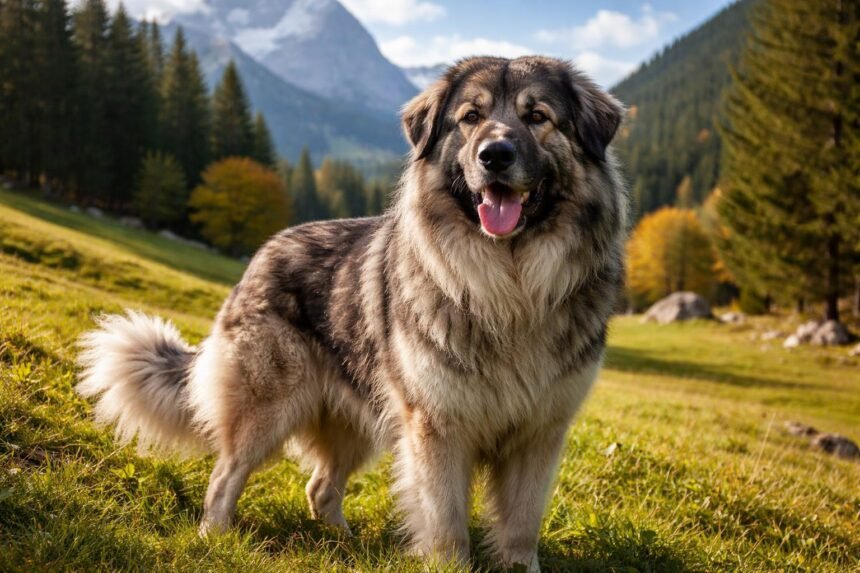 Karszti pásztorkutya a természetben, mosolygós arckifejezéssel.