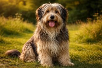 Katalán pásztorkutya a zöld fűben ülve