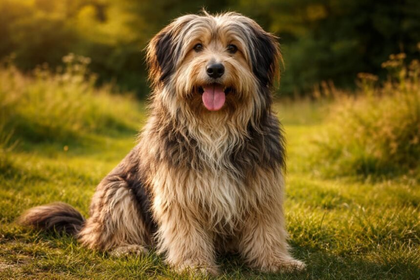 Katalán pásztorkutya a zöld fűben ülve