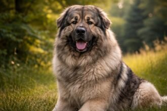 Kaukázusi juhászkutya a természetben, boldogan ülve