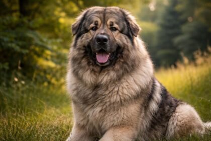 Kaukázusi juhászkutya a természetben, boldogan ülve