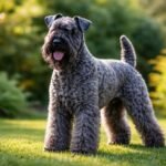 Kerry blue terrier a zöld fűben, vidám és életerős