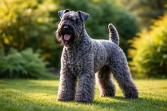 Kerry blue terrier a zöld fűben, vidám és életerős