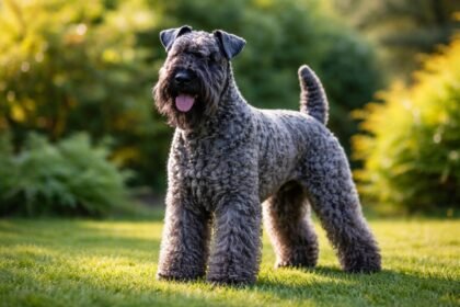Kerry blue terrier a zöld fűben, vidám és életerős