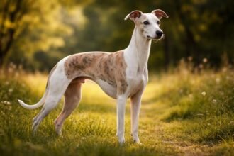 Kis angol agár áll egy napfényes réten, tükrözve a fajtára jellemző eleganciát.