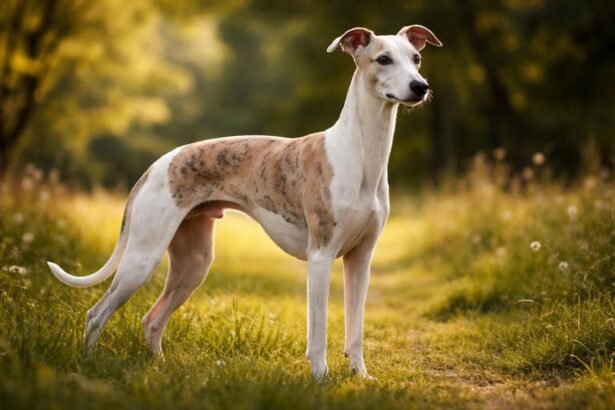 Kis angol agár áll egy napfényes réten, tükrözve a fajtára jellemző eleganciát.