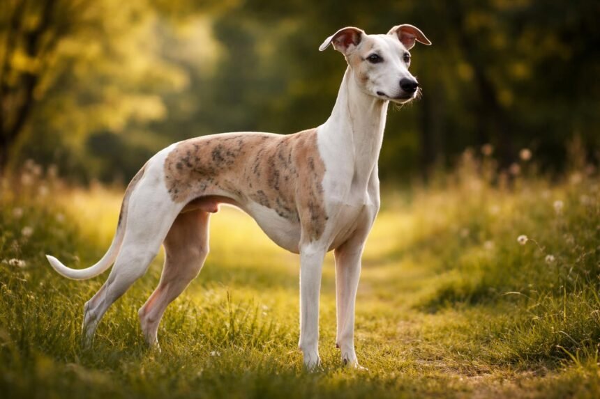 Kis angol agár áll egy napfényes réten, tükrözve a fajtára jellemző eleganciát.