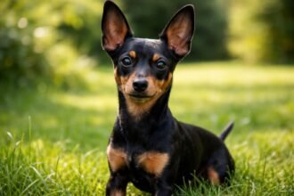 Egy energikus kis angol terrier a zöld fűben.