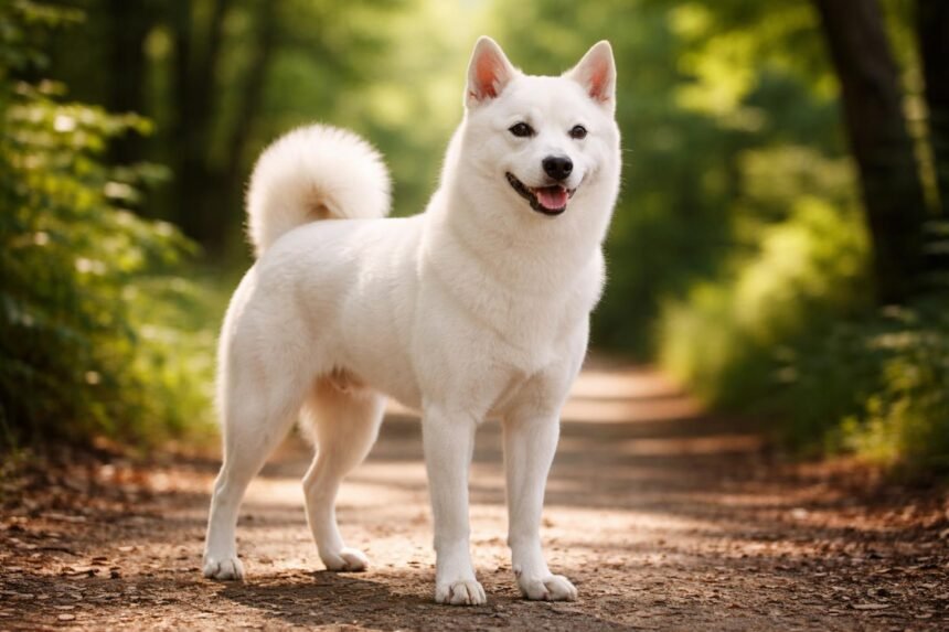 Fehér Kishu ken kutya, aki az erdőben áll