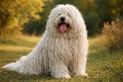 Egy komondor ül a zöld fűben, zsinóros bundájával a napfényben.