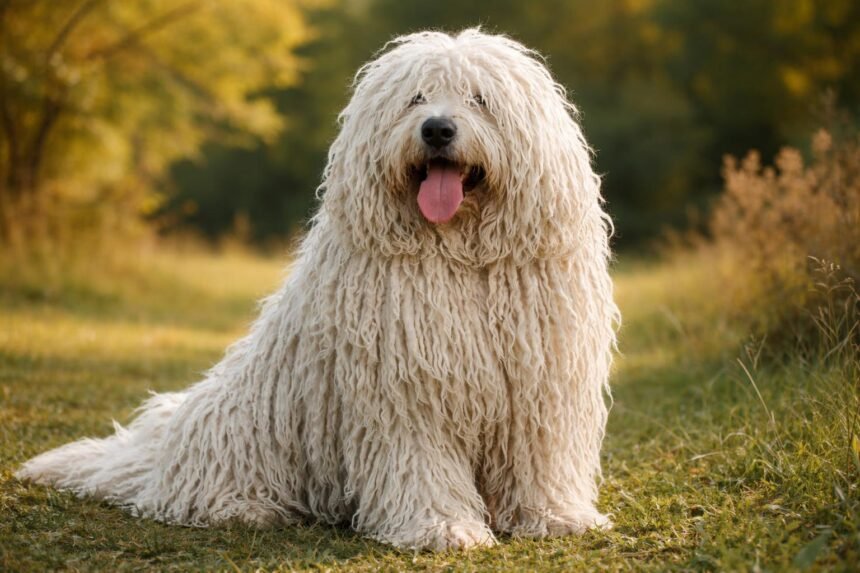 Egy komondor ül a zöld fűben, zsinóros bundájával a napfényben.