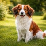 Kooikerhondje kutya a zöld fűben, boldogan ülve.