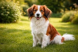 Kooikerhondje kutya a zöld fűben, boldogan ülve.