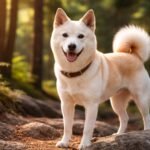 Koreai jindo kutya a fák között, boldogan mosolyogva.