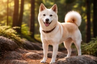 Koreai jindo kutya a fák között, boldogan mosolyogva.